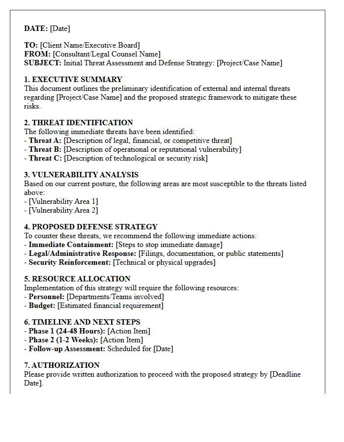 Initial Threat Assessment and Defense Strategy Letter
