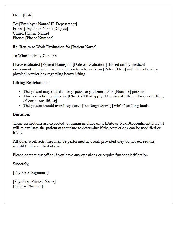 Primary Care Return to Work with Heavy Lifting Restrictions Letter