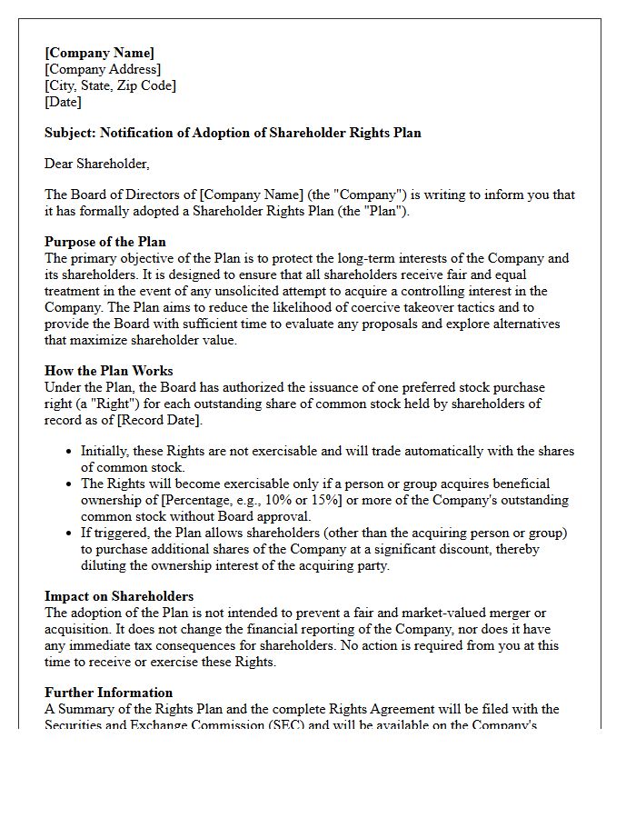 Shareholder Rights Plan Implementation Advisory Letter