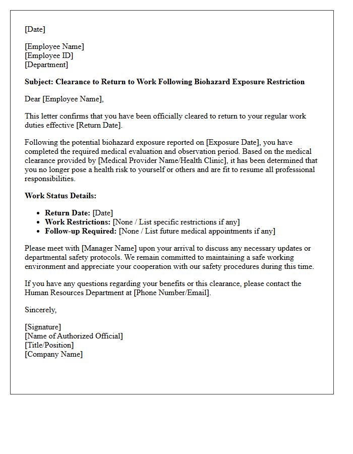 Biohazard Exposure Restriction Return To Work Letter