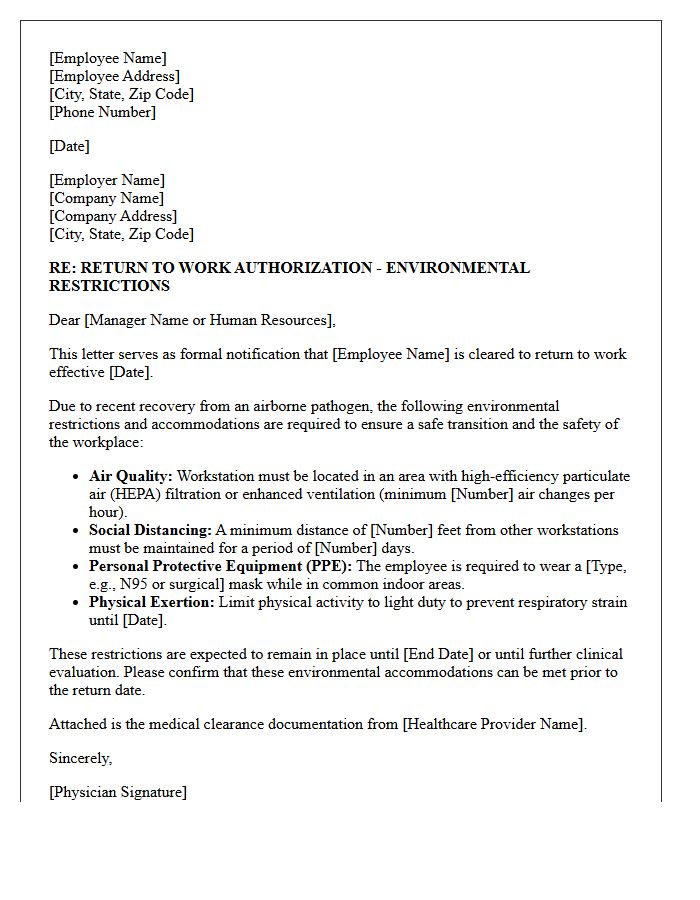 Airborne Pathogen Environmental Restriction Return To Work Letter