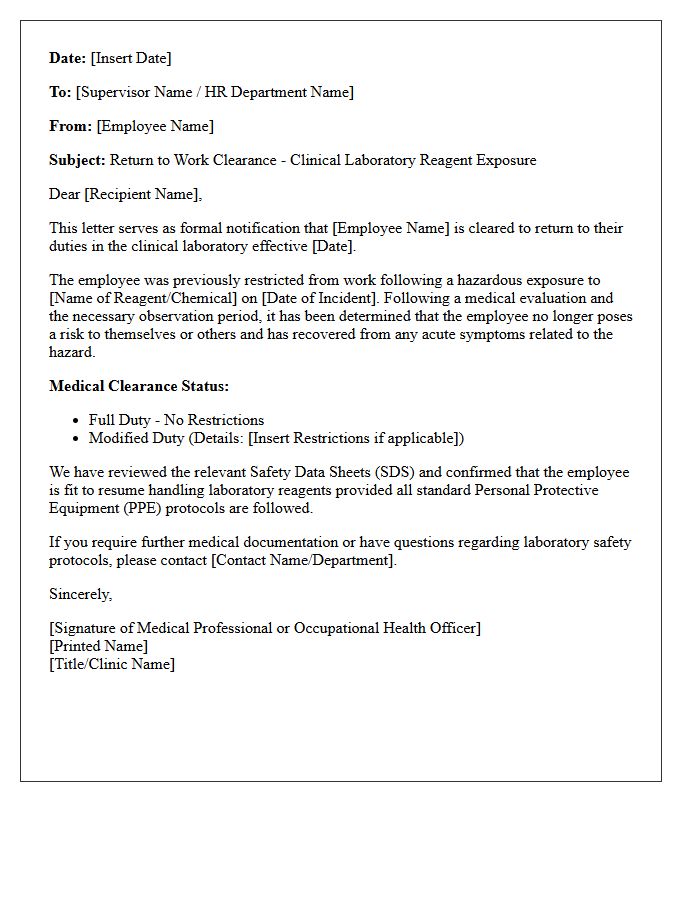 Clinical Laboratory Reagent Hazard Return To Work Letter
