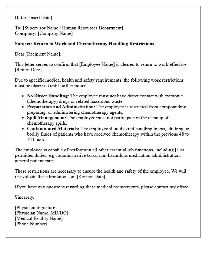 Chemotherapy Drug Handling Restriction Return To Work Letter