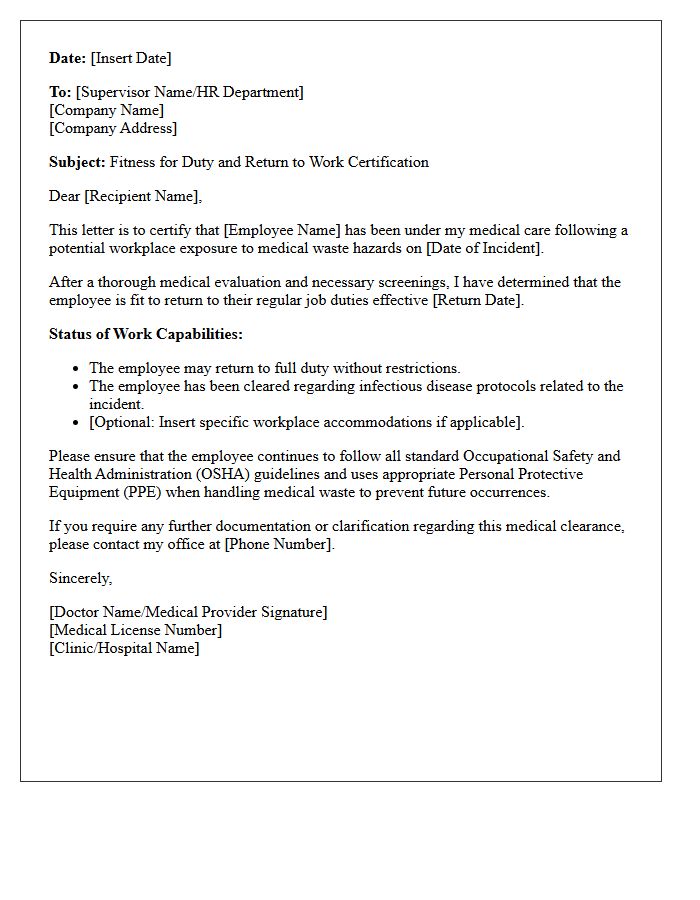 Medical Waste Disposal Hazard Return To Work Letter