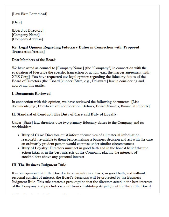 Board of Directors Fiduciary Duty Opinion Letter