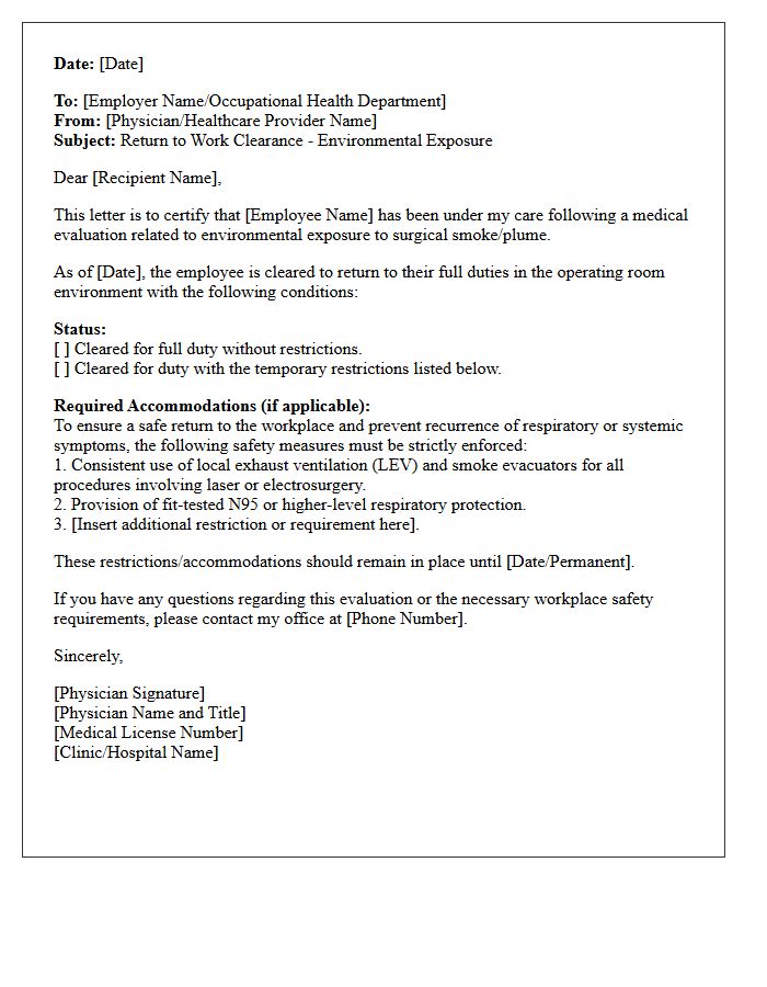 Surgical Smoke Environmental Exposure Return To Work Letter