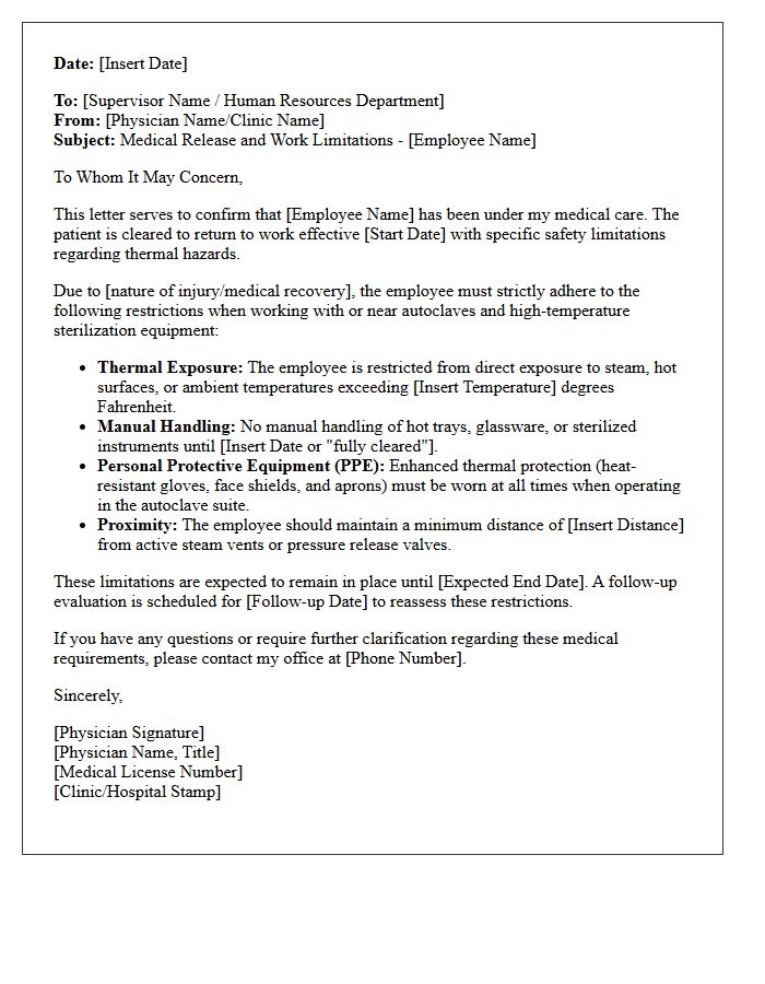 Autoclave Thermal Hazard Limitation Return To Work Letter
