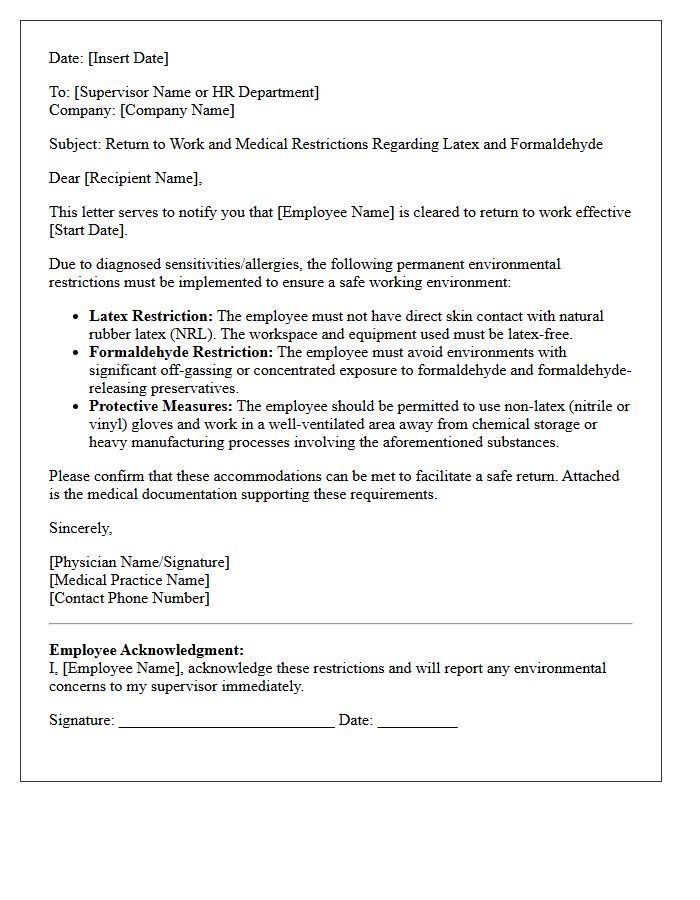 Latex And Formaldehyde Environmental Restriction Return To Work Letter