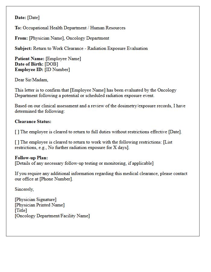 Oncology Department Radiation Exposure Return To Work Letter