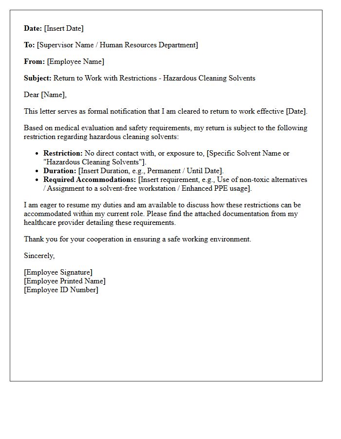 Hazardous Cleaning Solvent Restriction Return To Work Letter