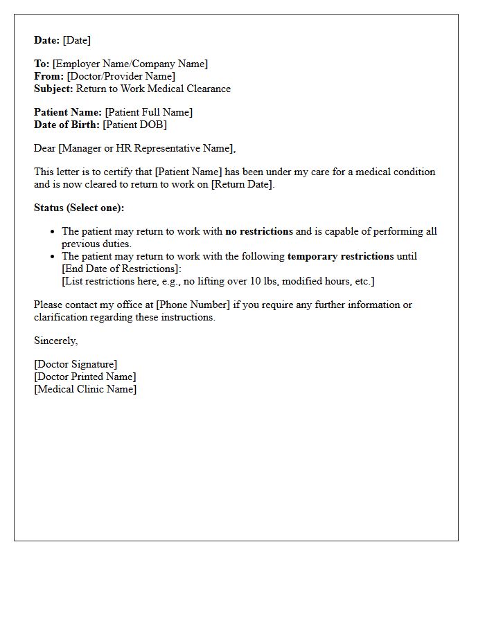 Standard Return to Work Clearance Letter