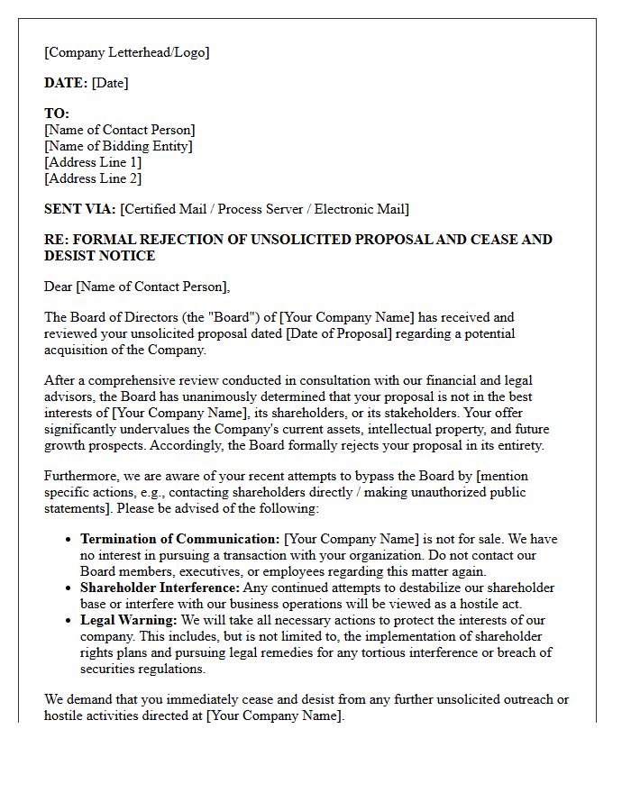 Hostile Bidder Formal Rejection and Warning Letter