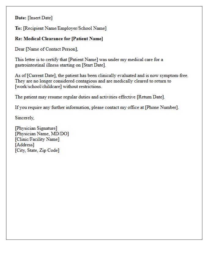 Gastrointestinal Illness Medical Clearance Letter