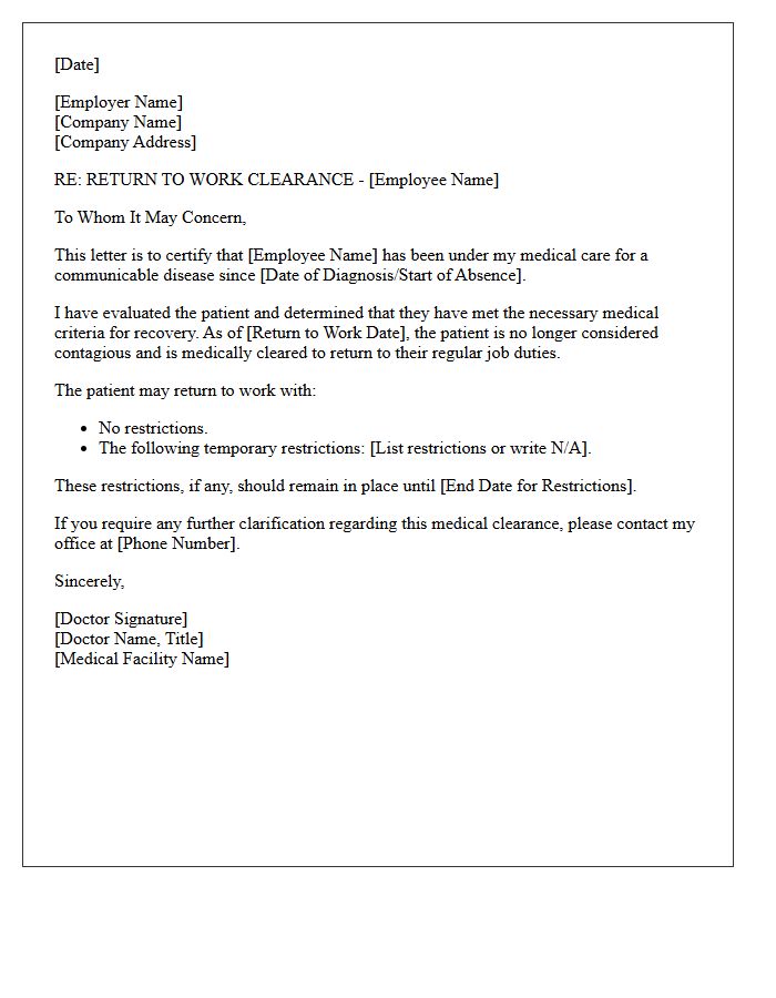 Communicable Disease Return to Work Letter