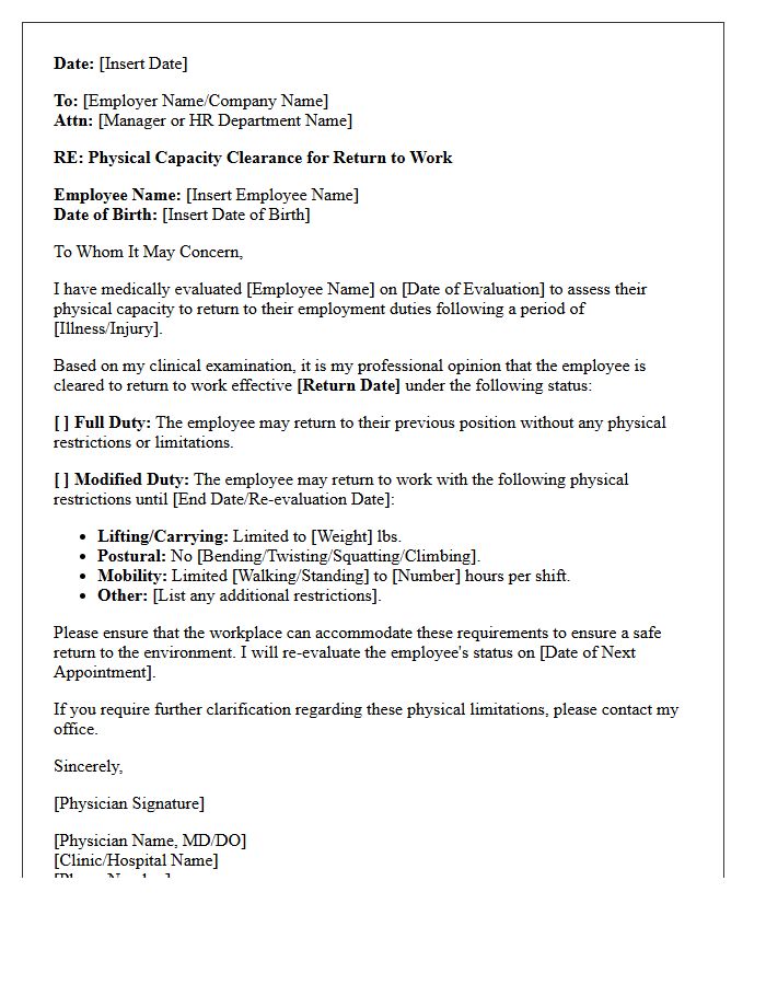 Physical Capacity Return to Work Clearance Letter