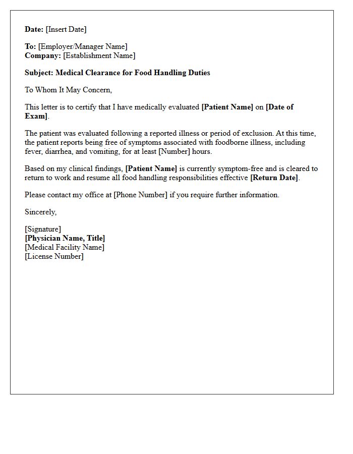 Symptom-Free Food Handler Medical Clearance Letter