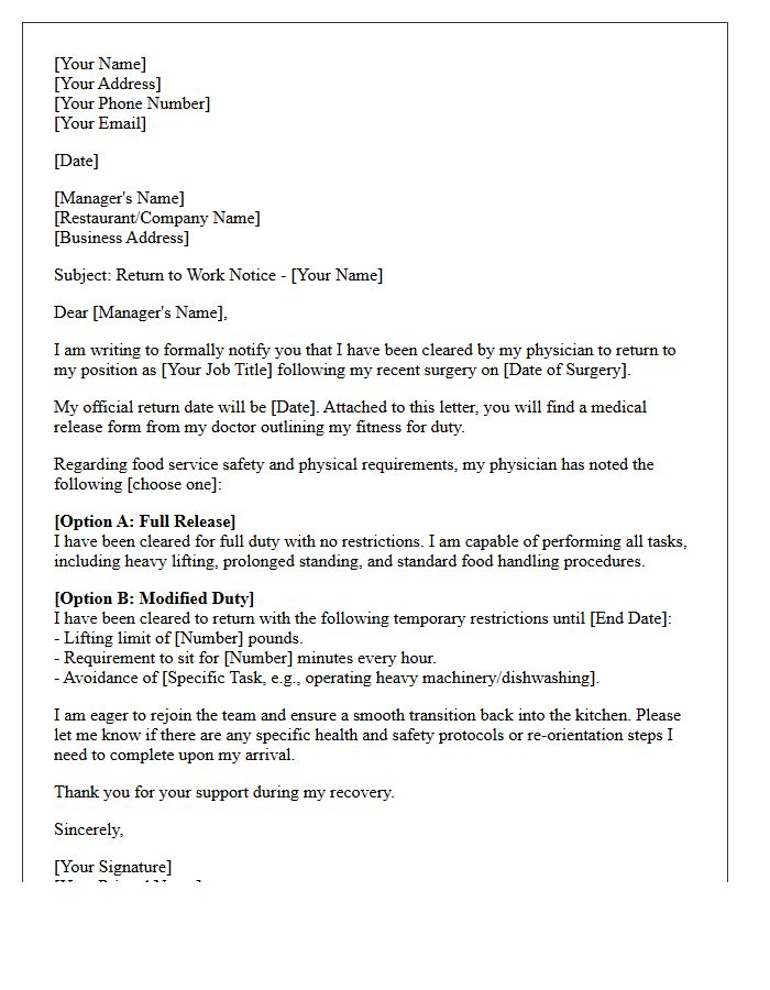 Post-Surgery Food Service Return to Work Letter