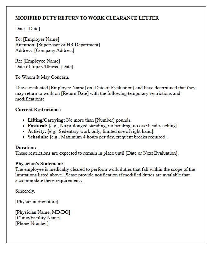 Modified Duty Return to Work Clearance Letter