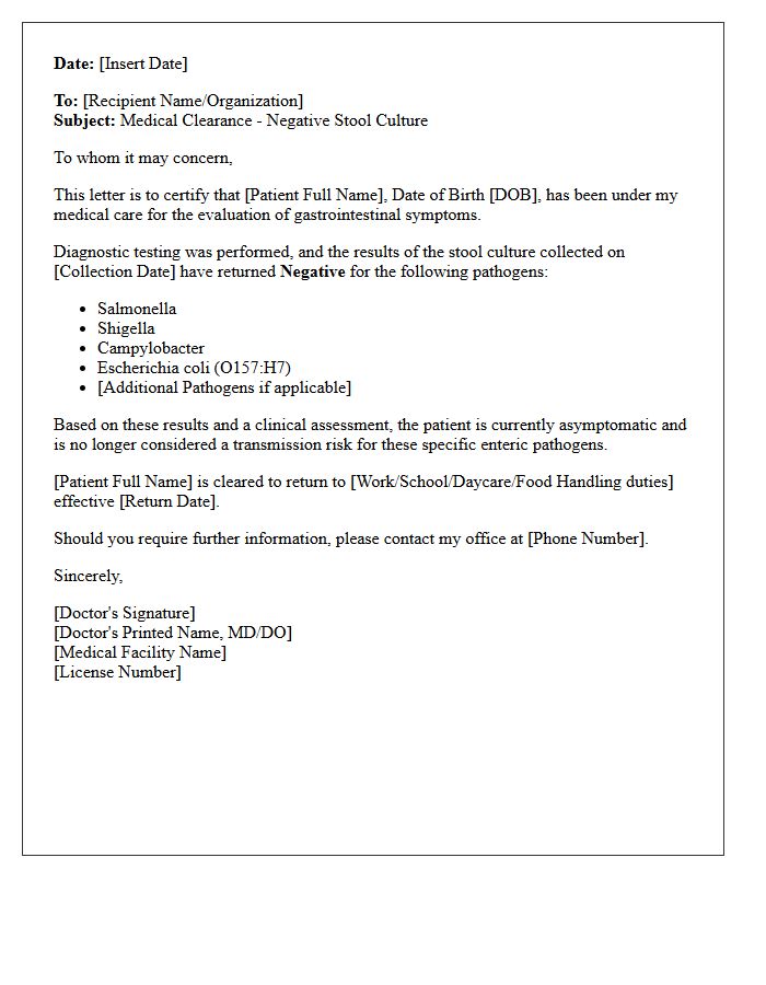 Negative Stool Culture Medical Clearance Letter