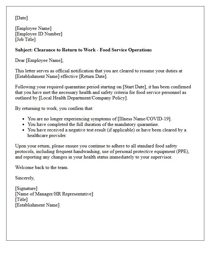 Post-Quarantine Food Service Clearance Letter