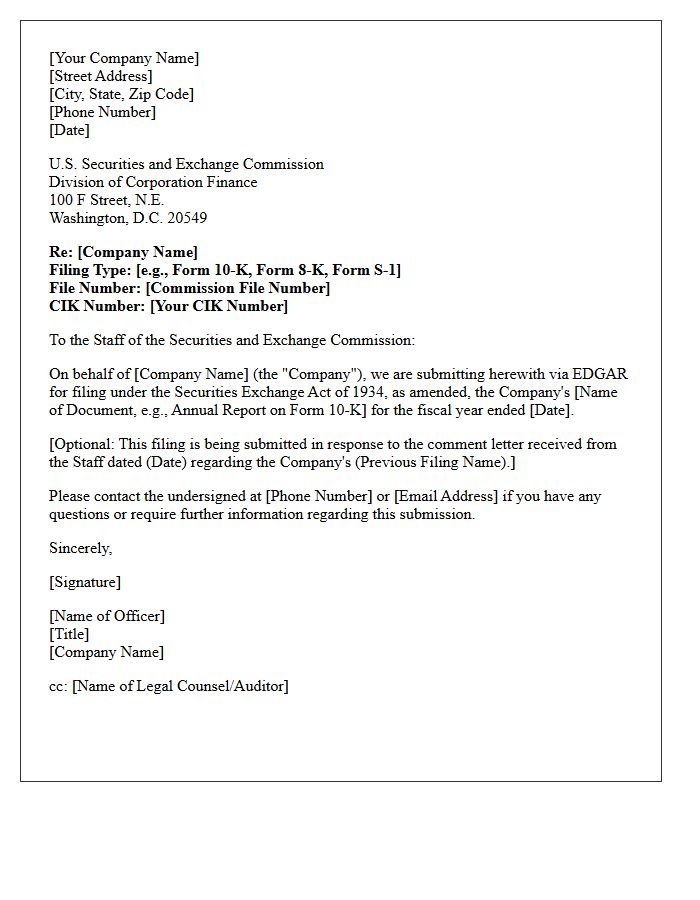Securities and Exchange Commission Filing Cover Letter