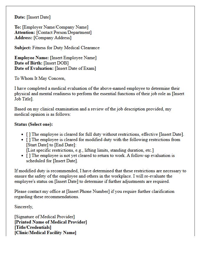 Fitness for Duty Medical Clearance Letter