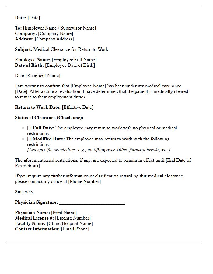 Standard Return to Work Medical Clearance Letter