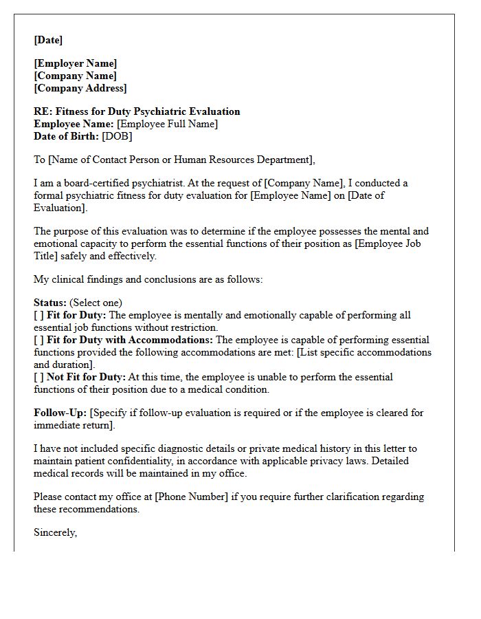 Fitness for Duty Psychiatric Evaluation Letter