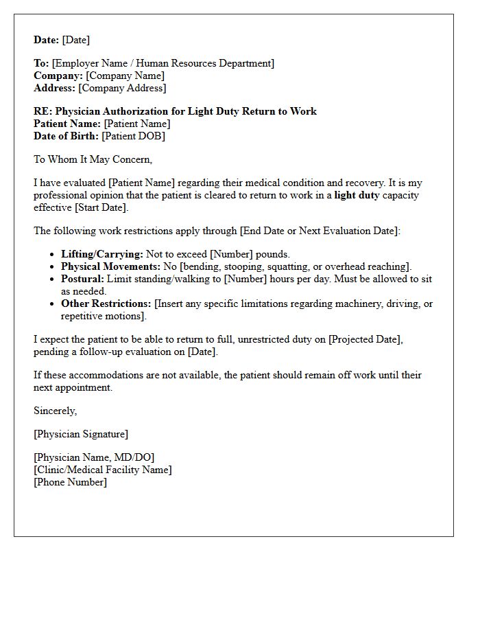Physician Authorization for Light Duty Return to Work Letter