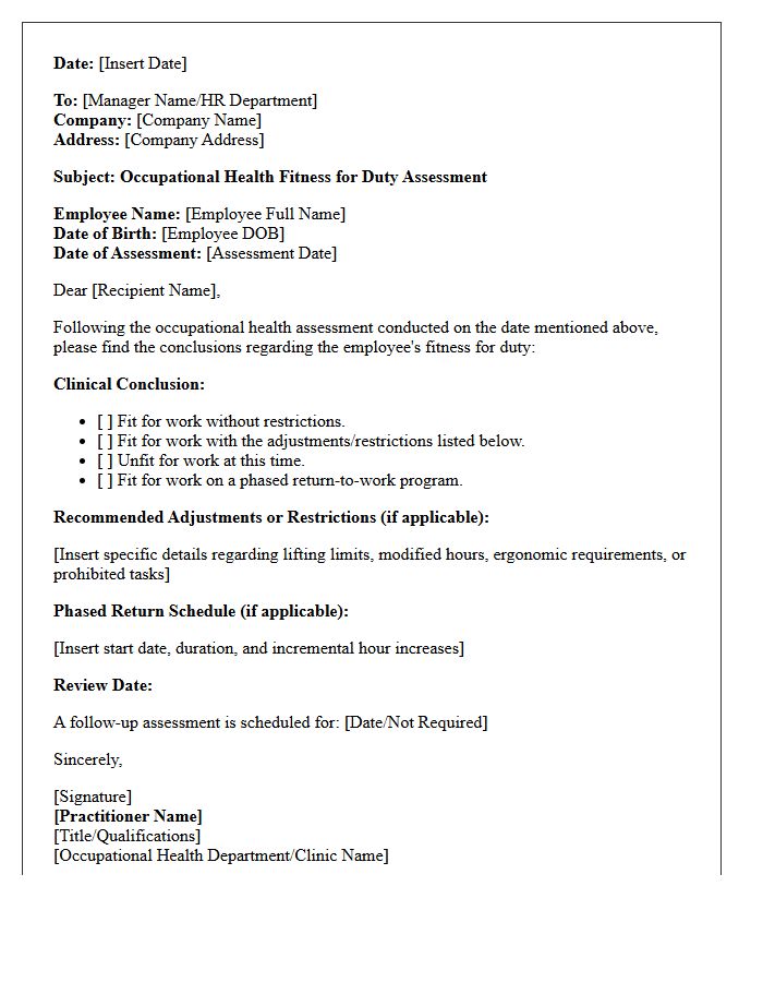 Occupational Health Fitness for Duty Assessment Letter