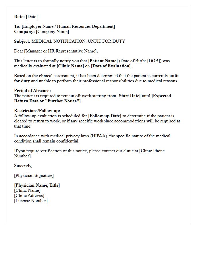 Medical Clinic Notice of Unfit for Duty Letter