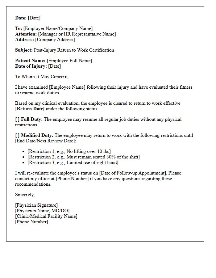 Post-Injury Return to Work Certification Letter