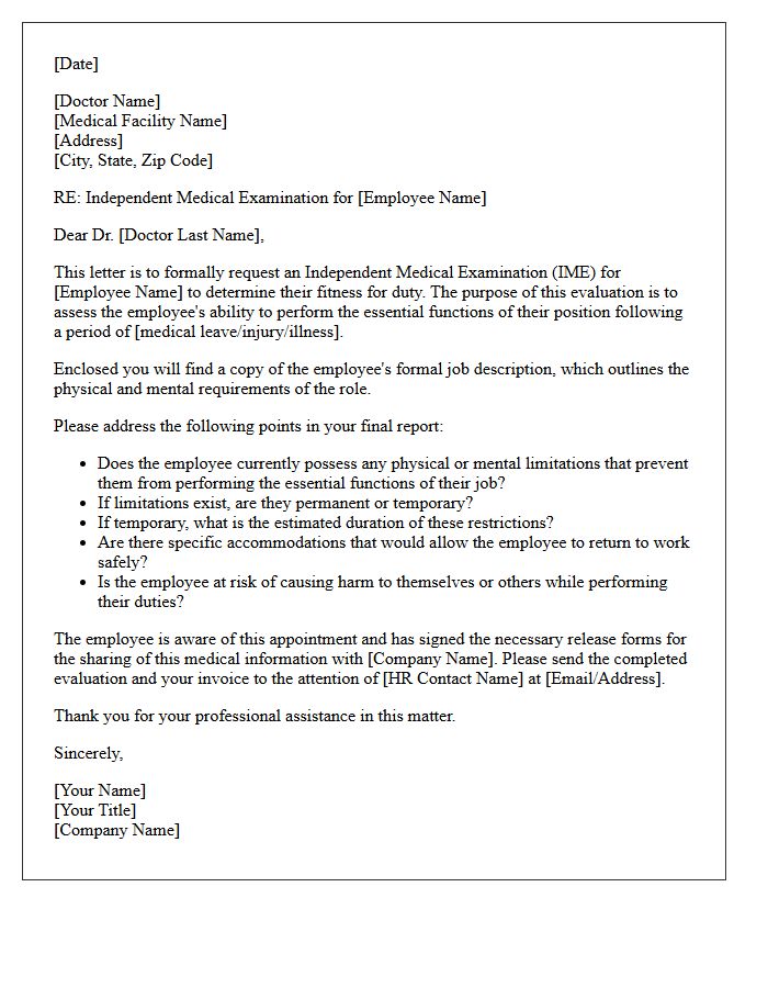 Independent Medical Examination Fitness for Duty Letter