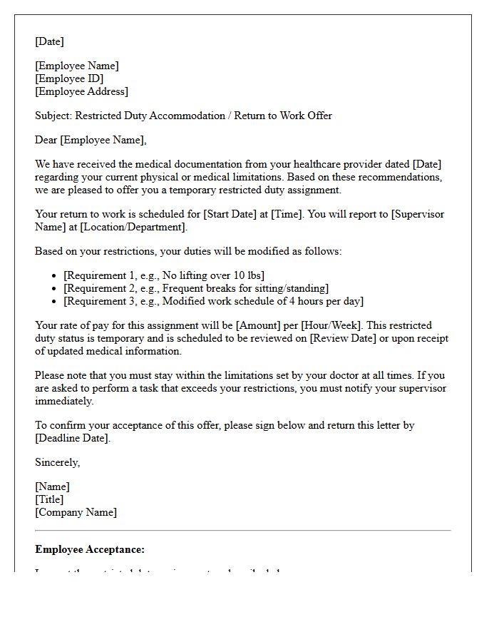 Restricted Duty Accommodation Return to Work Letter
