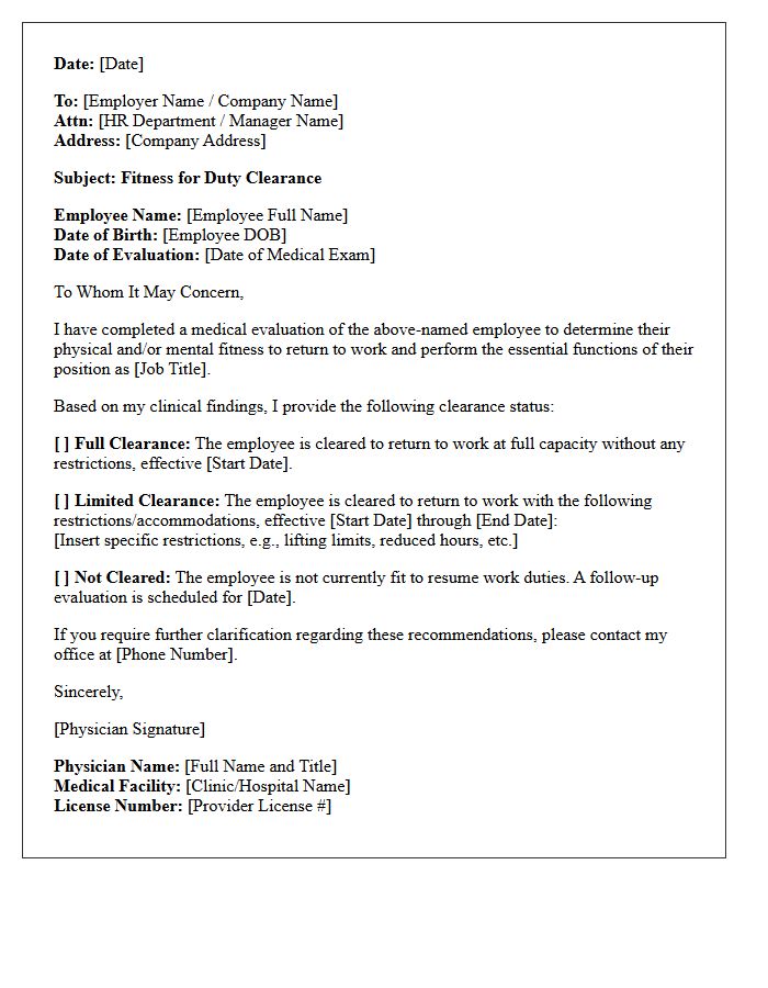 Employee Fitness for Duty Clearance Letter