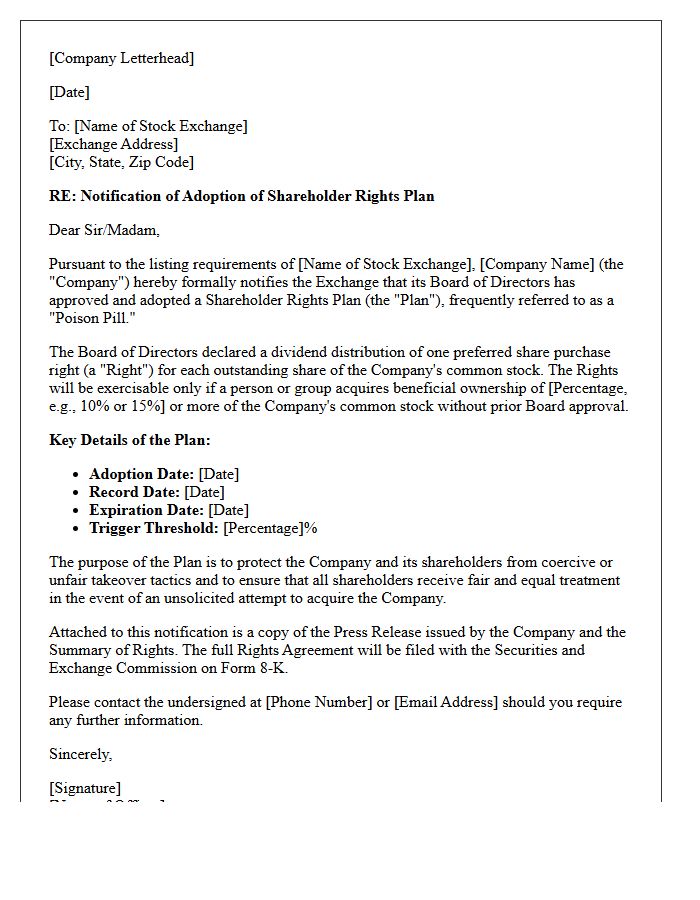 Stock Exchange Poison Pill Notification Letter