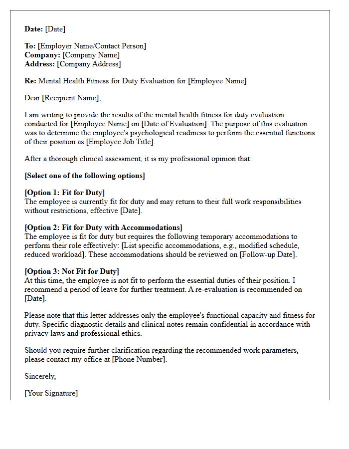 Mental Health Fitness for Duty Status Letter
