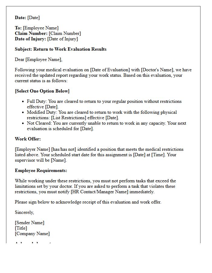 Workers Compensation Return to Work Evaluation Letter