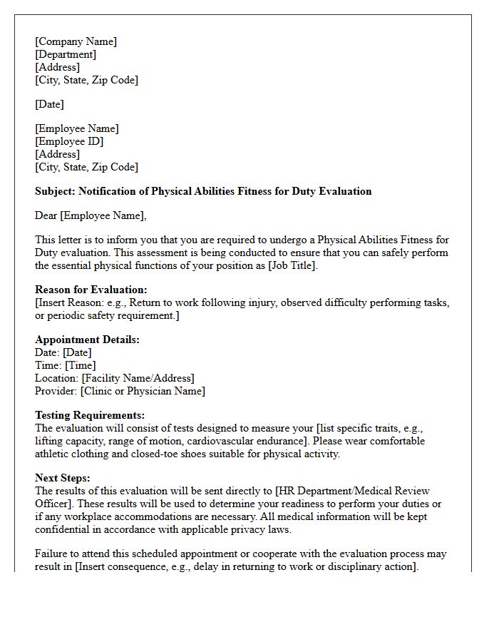 Physical Abilities Fitness for Duty Testing Letter