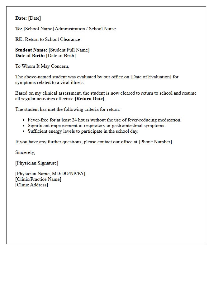 Standard Viral Illness Return to School Clearance Letter