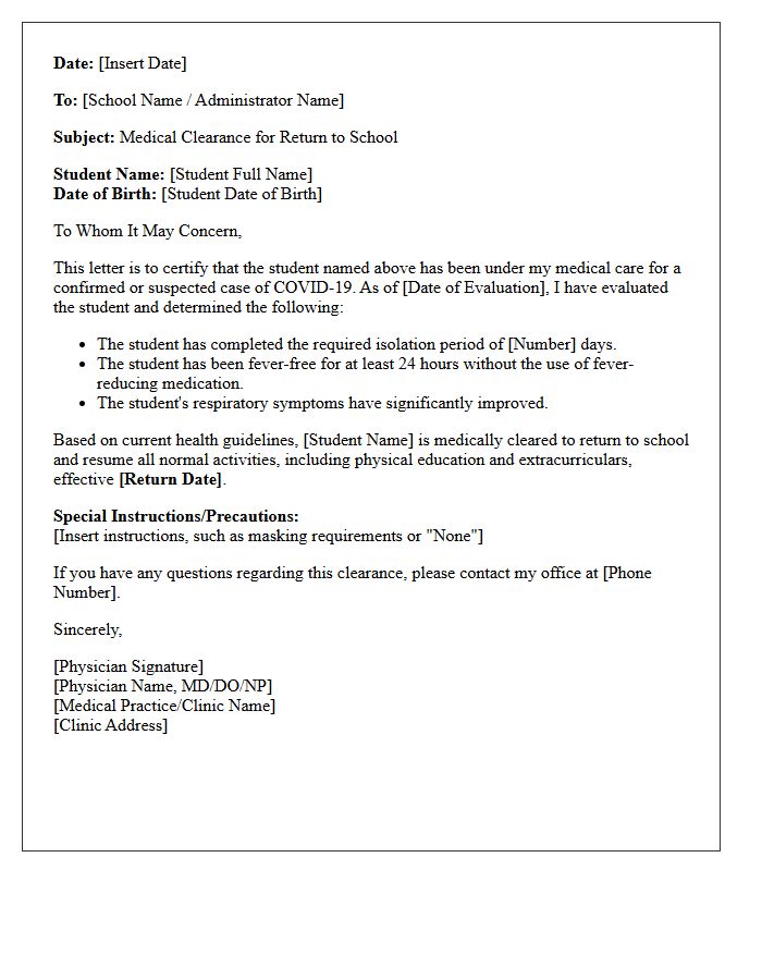 COVID-19 Recovery Return to School Medical Clearance Letter