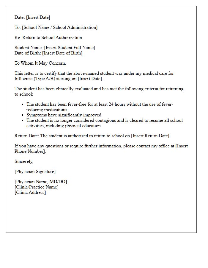 Influenza Resolution Return to School Authorization Letter