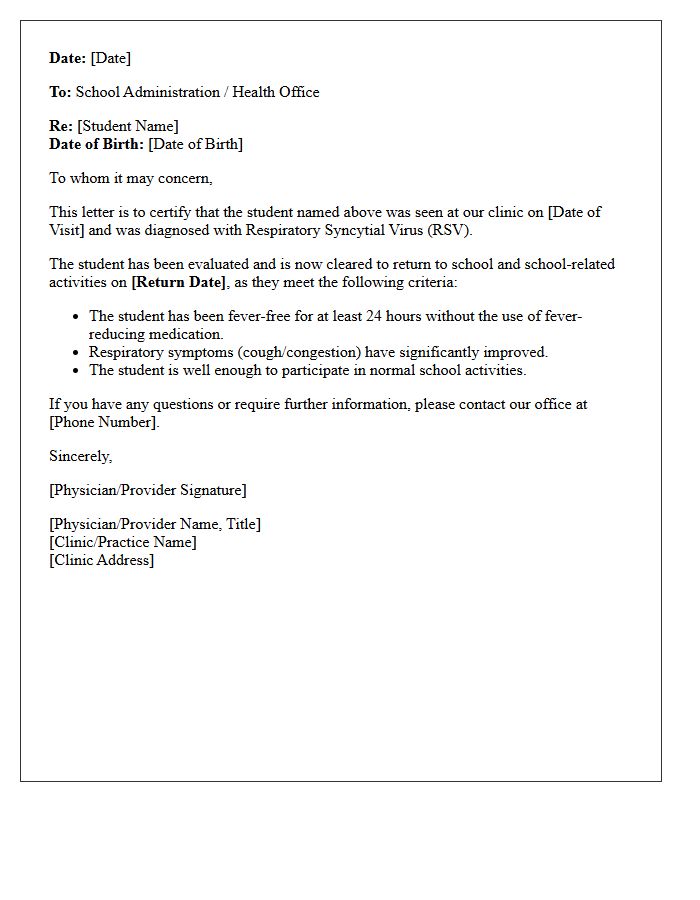 Pediatric RSV Clearance Return to School Letter