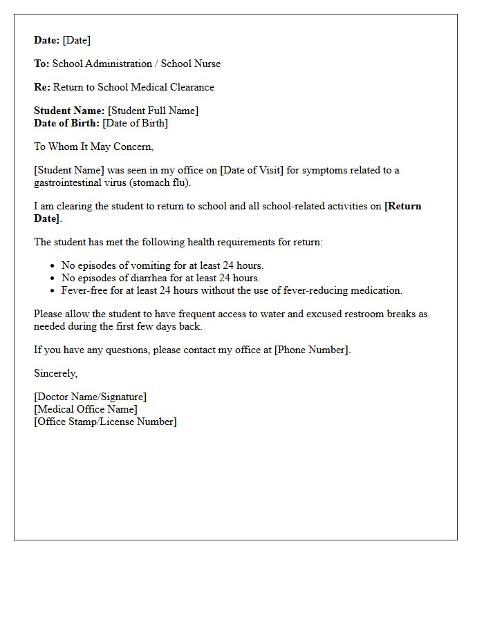 Gastrointestinal Virus Return to School Doctor Letter