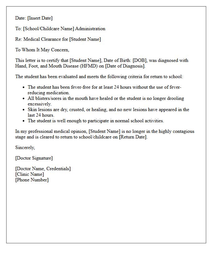 Hand Foot and Mouth Disease Return to School Clearance Letter