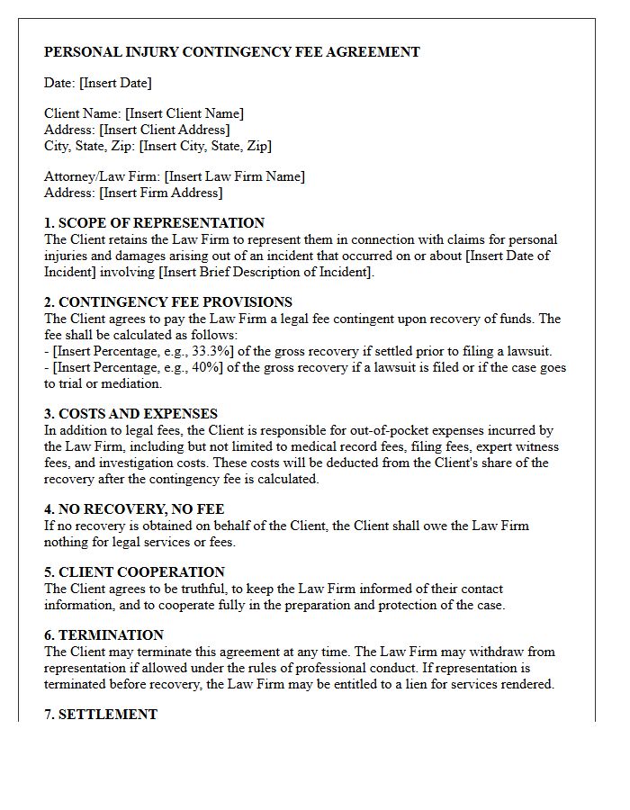 Personal Injury Contingency Fee Representation Engagement Letter