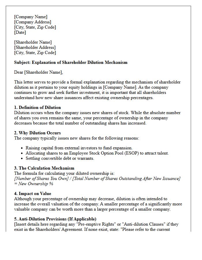Shareholder Dilution Mechanism Explanation Letter