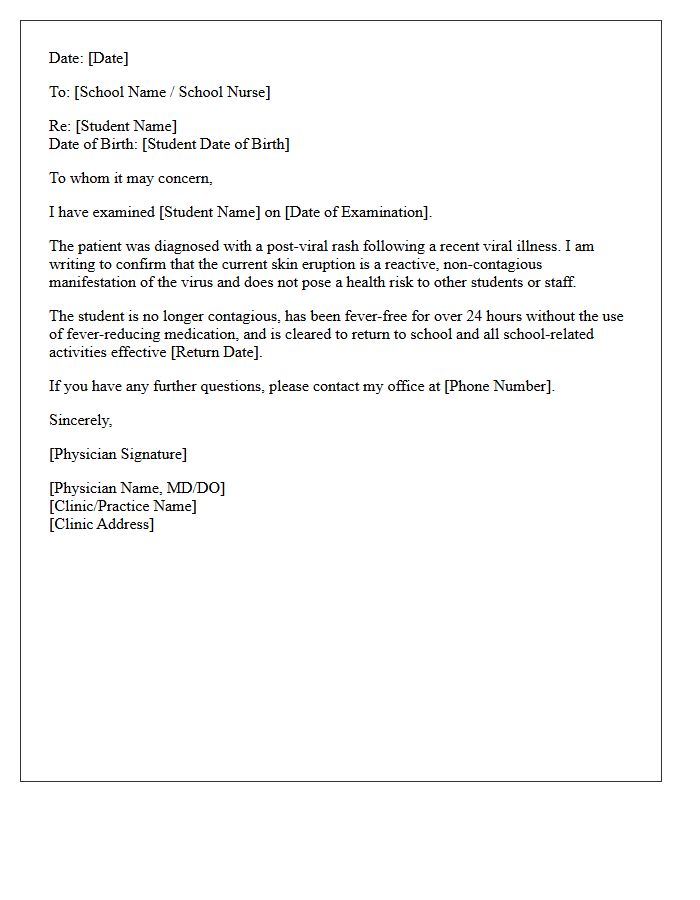 Post-Viral Rash Contagion Clearance Return to School Letter