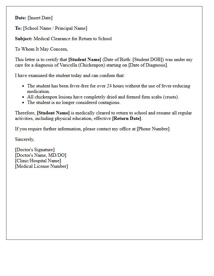 Chickenpox Recovery Return to School Clearance Letter