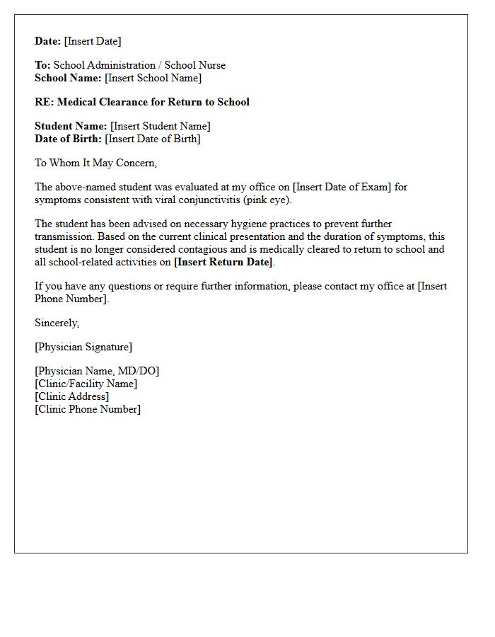 Viral Conjunctivitis Return to School Medical Letter